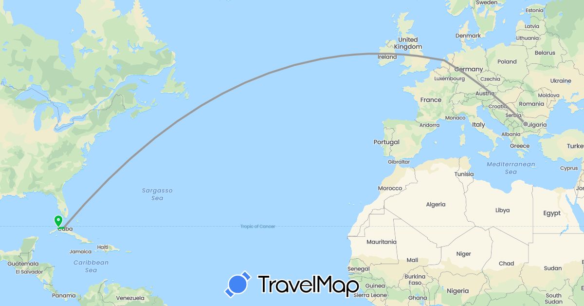 TravelMap itinerary: driving, bus, plane in Bulgaria, Cuba, Netherlands (Europe, North America)