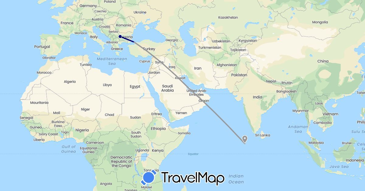 TravelMap itinerary: driving, plane in Bulgaria, Maldives, Qatar, Turkey (Asia, Europe)